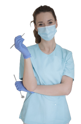 female dentist wearing gloves and mask holding a dental mirror and explorer.
